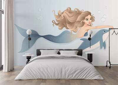 Mermaid with dolphin swimming in the sea Wall mural