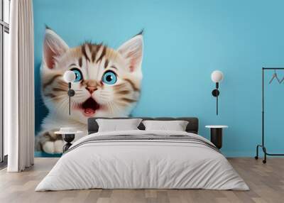 adorable cute cat with surprised expression isolated on blue background with copy space generative ai Wall mural