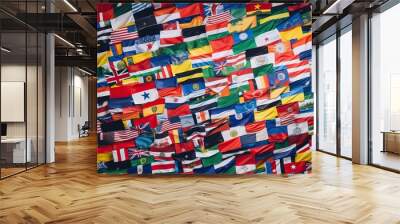 Background of many different flags. The concept of the international community. Wall mural