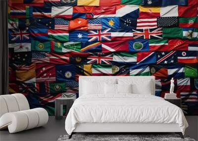 Background of many flags of the world. The concept of international relations. Wall mural