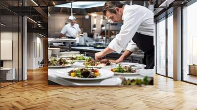 Chef preparing food in the kitchen of a modern restaurant or hotel Wall mural