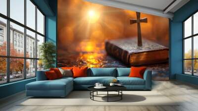 Christian cross on old holy Bible with bokeh lights Wall mural