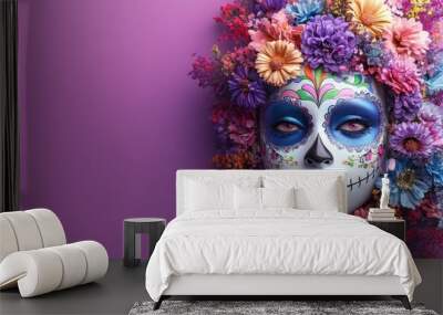 Colorful sugar skull design with floral decorations. Concept of Día de los Muertos celebration. Wall mural