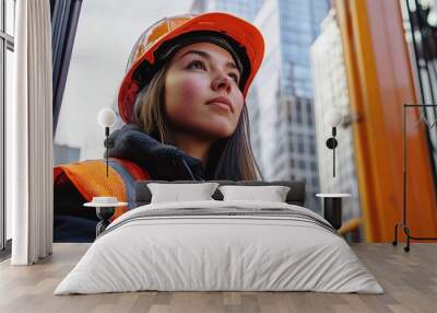 Confident Female Engineer in Hard Hat at Construction Site,  Concept of Women in STEM Wall mural