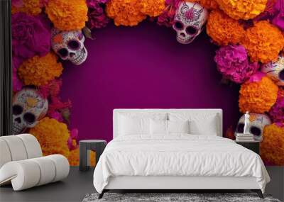 Day of the Dead frame with sugar skulls and flowers. Concept Dia de los Muertos celebration. Wall mural