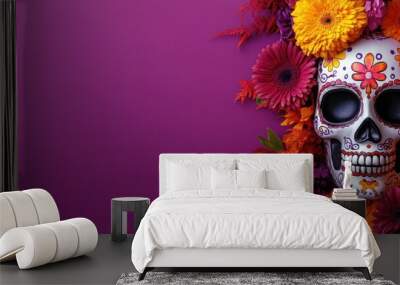 Day of the Dead sugar skull with colorful flowers on purple background Wall mural