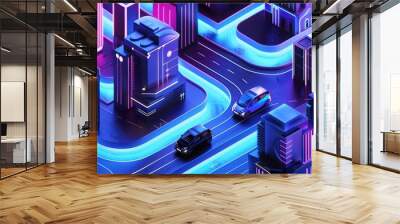 Futuristic neon city with glowing buildings, roads and electric vehicles. Concept of smart city, future transportation, technology and innovation. Wall mural