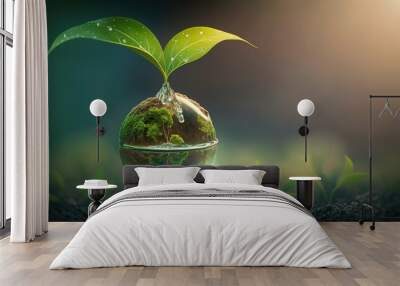 green nature background concept for earth day celebration with plant seed in the forest growing on the planet and water around it Wall mural