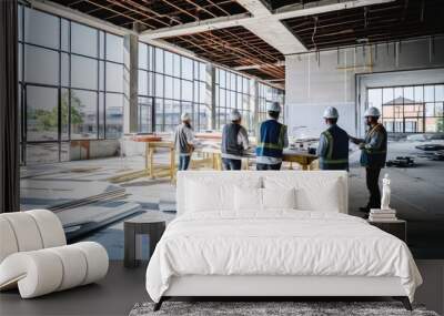 Group of engineers and architects working in a building site. Selective focus. Wall mural