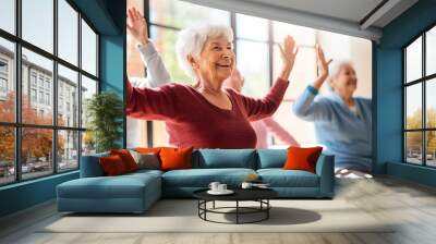 Group of seniors participating in a yoga class Wall mural