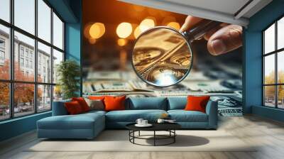 Hand holding magnifying glass over dollar banknotes with bokeh background Wall mural