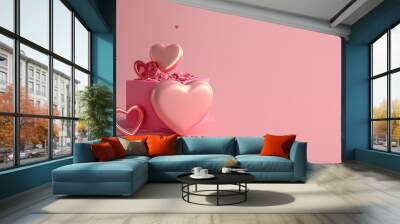 Heart and gift box 3d illustration isolated on pink background with copy space Wall mural