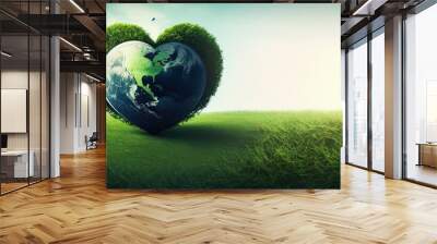 heart shaped planet on green meadow for earth day Wall mural