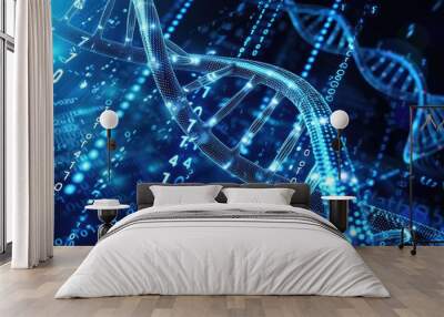 Illuminated DNA strands amidst binary code Wall mural