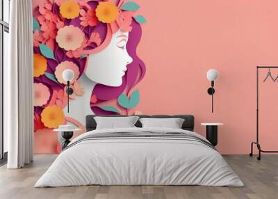 Illustration of face and flowers style paper cut with copy space for international women's day Wall mural