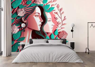 Illustration of face and flowers style paper cut with copy space for international women's day Wall mural