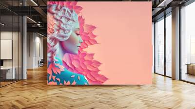 illustration of female face surrounded by leaves and flowers for women's day background greeting card Wall mural