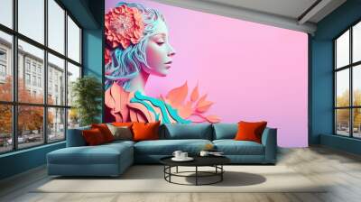 illustration of female face surrounded by leaves and flowers for women's day celebration banner Wall mural