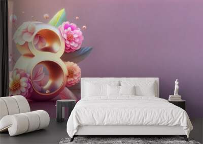 Illustration of number 8 and floral decoration for background and banner for 8th march women's day with copy space Wall mural