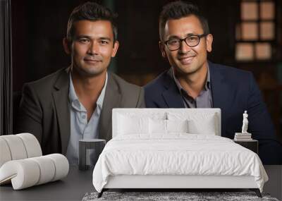 Portrait of two businessmen in suits smiling and looking at camera while sitting in cafe Wall mural