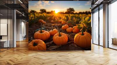 Pumpkin patch on sunny Autumn day. Beautiful fall scene. Wall mural