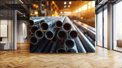 Steel pipes stacked at industrial construction site with blurred lights. Concept of manufacturing, building materials, infrastructure development Wall mural