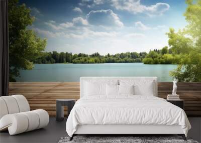 Wooden floor against blue sky over lake with trees in the background Wall mural