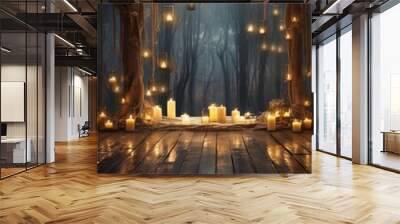 Wooden floor in the forest with candles and garlands. Halloween background Wall mural