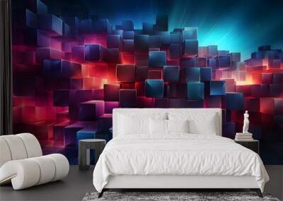 Blue and lilac blocks with neon lines and glowing background futuristic illustration abstract 3d geometric shapes, cyberspace technology concept business web design Generative AI Wall mural