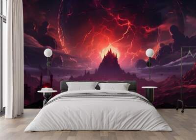 Digital art painting in rough style about huge red monster with human standing infront of it Wall mural