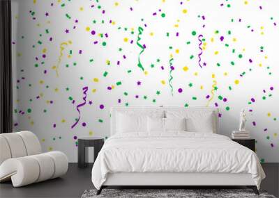 Bright abstract dot mardi gras pattern on white background. Vector illustration for holiday design. Carnival festival colorful bead backdrop, border, frame. Light yellow, green, purple color confetti. Wall mural