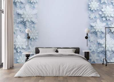 Abstract Christmas background with volumetric paper snowflakes. White 3D snowflakes with shadow. Xmas and new year card template. Winter paper art design Wall mural