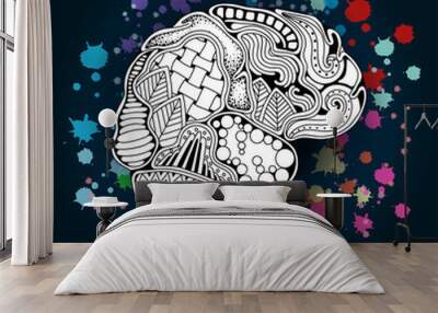 Concept of the human brain. Vector illustration. Zentangle sketchy human brain doodle poster with colorful paint splashes. Creative mind, learning and design Wall mural