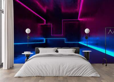 Futuristic sci-fi concrete room with glowing neon. Virtual reality portal, vibrant colors, laser energy source. Blue and pink neon lights Wall mural