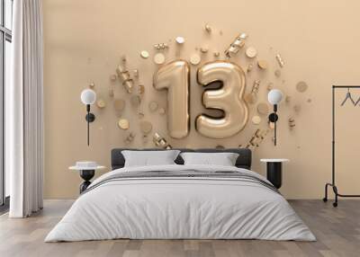 golden 3d number 13 with festive confetti and spiral ribbons. poster template for celebrating 13 ann Wall mural