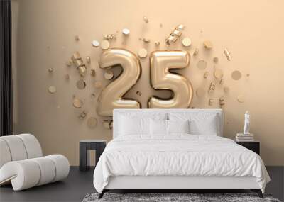 Golden 3d number 25 with festive confetti and spiral ribbons. Poster template for celebrating anniversary event party. 3d render Wall mural