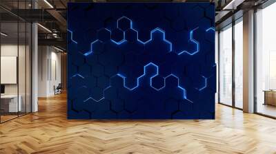 Hexagonal abstract background. Futuristic cellular 3d panel with hexagons and neon light. Ceramic or metallic tile. 3d wall texture.  Geometric background for interior wallpaper design Wall mural