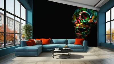 Human scull 3d rendering. Laughing death's-head with palm leaves on black background Wall mural