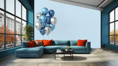 Illustration of glossy blue and silver balloons on pastel colored background. Empty space for birthday, party, promotion social media banners, posters. 3d render realistic balloons Wall mural