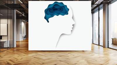 Modern layered cut out colored paper human profile with brain brain. Creative thinking, business concept of innovation. Deep paper art origami style Wall mural