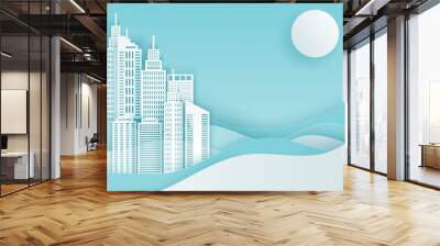 Modern paper art city view. White scycrapers, sun, waves. Trendy origamy paper cut style Wall mural