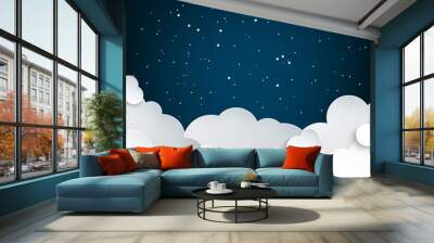 Paper art fluffy clouds and stars in midnight. Modern 3d origami paper art style. Vector illustration, dark night sky Wall mural