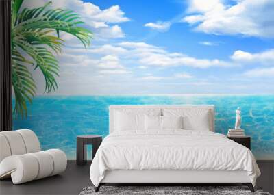 clip art of beautiful frame of blue sky, palm tree and sea with sandy beach and blurred clouds in summer. Wall mural