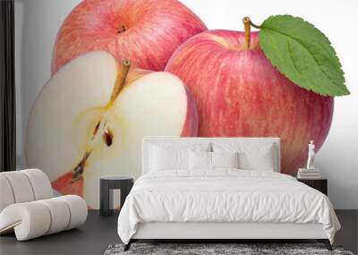 Fresh Apple with leaf on white background, San Fuji Apple isolated on white background. With clipping path. Wall mural