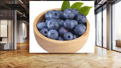 Fresh Blueberries in wooden bowl with leaf isolated on white background, Sweet Blueberry raw berries on white background With  png file. Wall mural