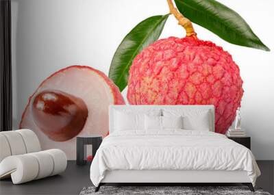 Fresh Lychee with leaves isolated on white background, Sweet lychees fruits with leaves on White Background (With clipping path) Wall mural