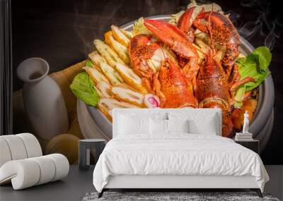 Lobster Nabe, Lobster served hot with vegetables in a pot. Wall mural