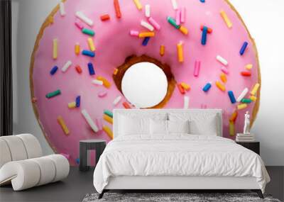 Sweet strawberry glazed donuts with sprinkles on white background, Delicious colorful donuts on white background PNG File. Wall mural