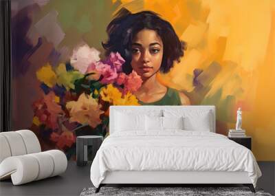 abstract oil painting of a young woman holding a large bouquet of summer flowers, generative AI Wall mural