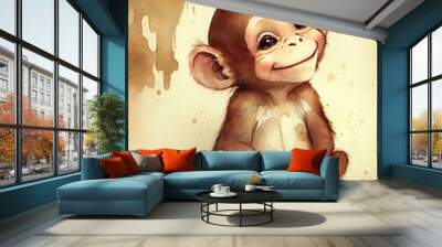 Watercolor illustration of a playful happy baby monkey Generative AI art Wall mural